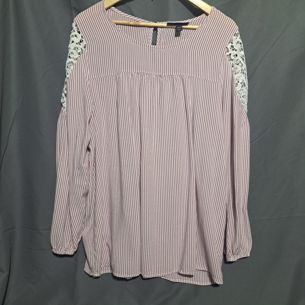 Lane Bryant Women's 18/20 Lavender Stripe Laced Shoulder Long Sleeve Blouse Boho